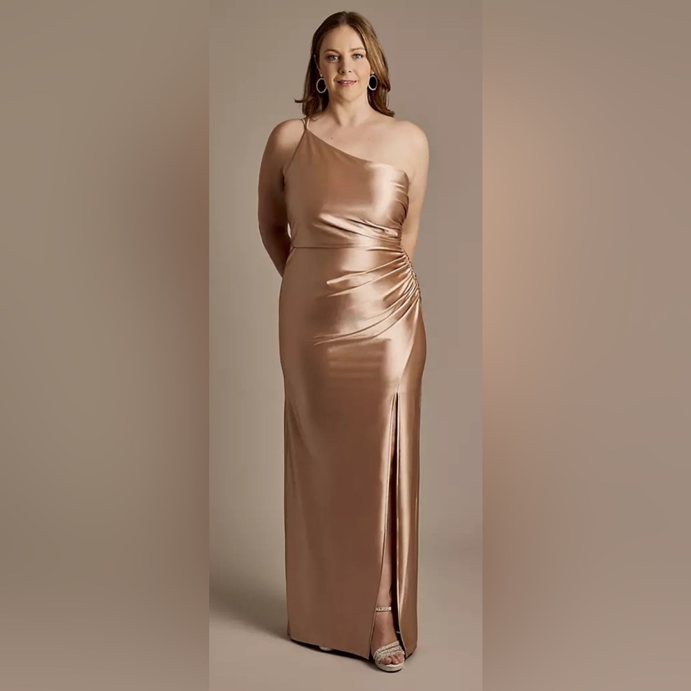 David's Bridal One Shoulder Satin Dress in Gold